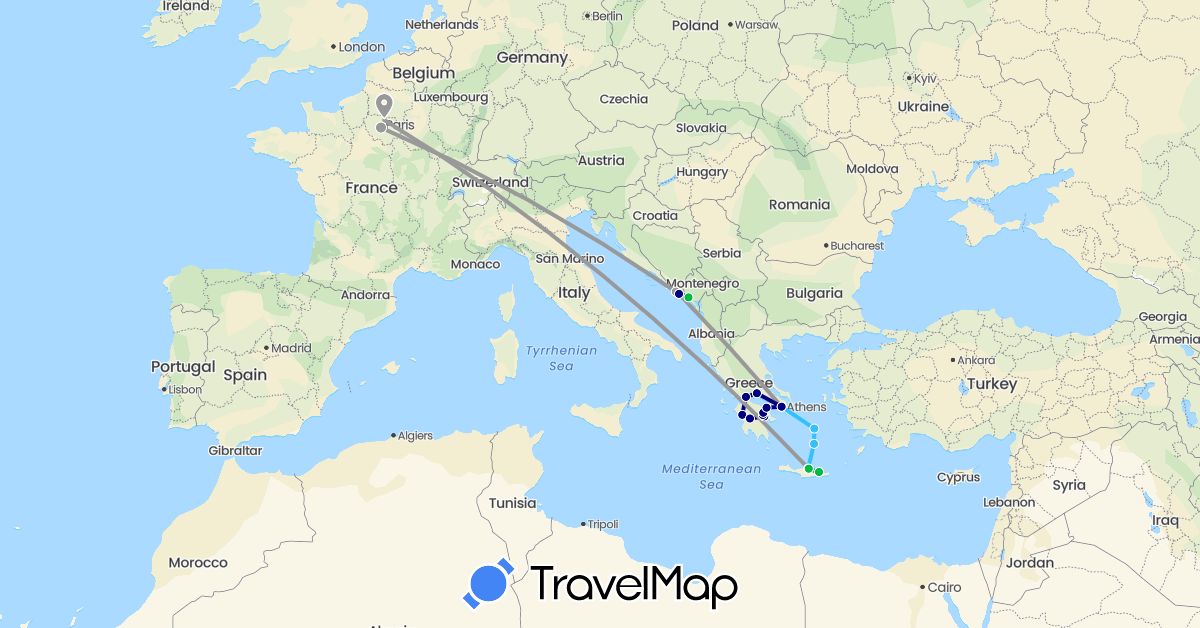TravelMap itinerary: driving, bus, plane, boat in France, Greece, Croatia, Montenegro (Europe)